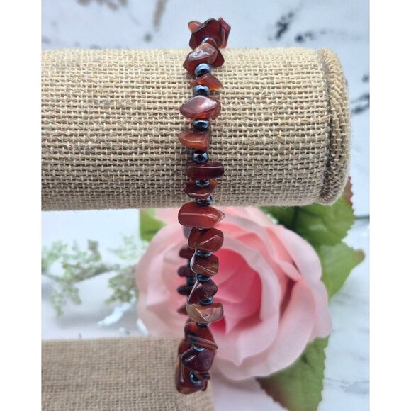 Genuine Smooth Garnet Chip & Hematite Beaded Ankle Bracelet Barrel Clasp 10" - Picture 6 of 10